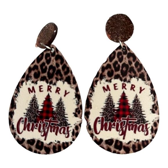 Wooden Water Drop Earrings Pine Trees New - Picture 1 of 3